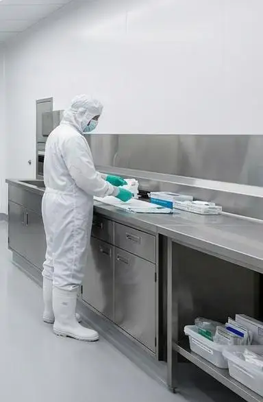 Technician in protective clothing at a stainless steel bench in a clean zone
