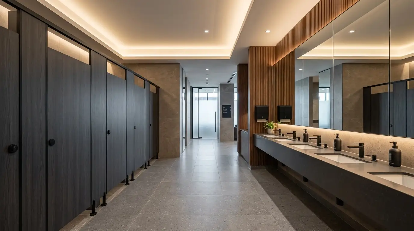 Compact HPL toilet cubicles in a modern washroom