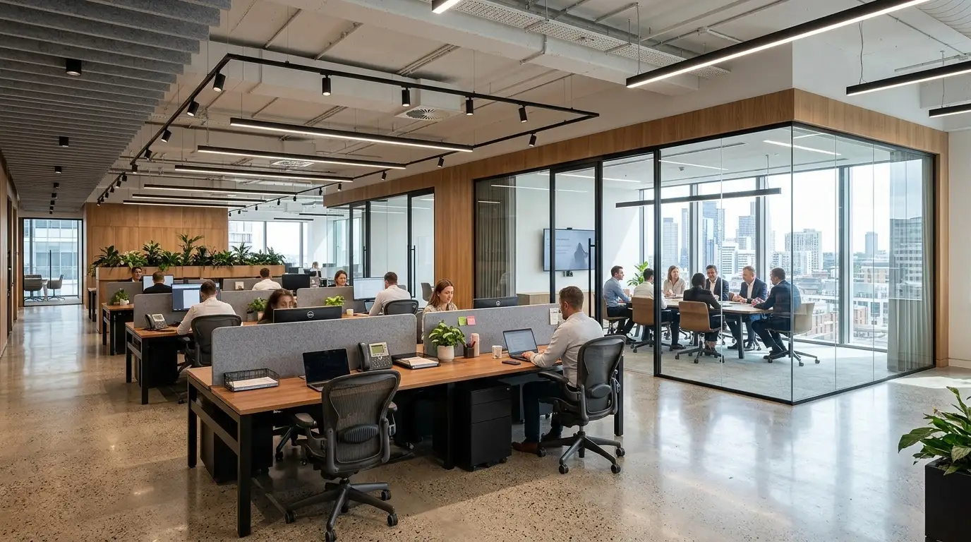 Open-plan office with workstations and glass meeting room