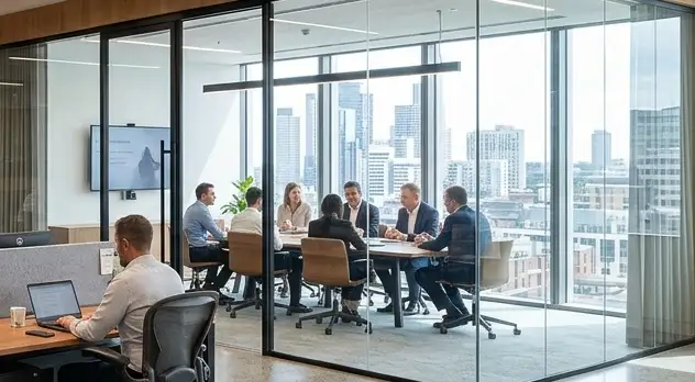 Meeting table in a glass-walled room