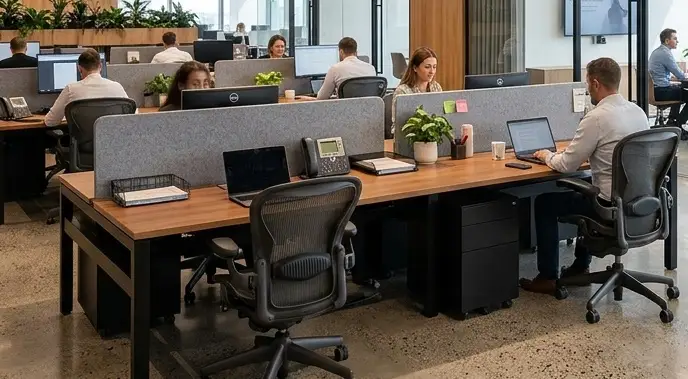 Open-plan workstations with acoustic screens