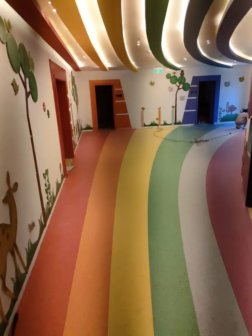 Colourful vinyl floor in a children’s hospital corridor