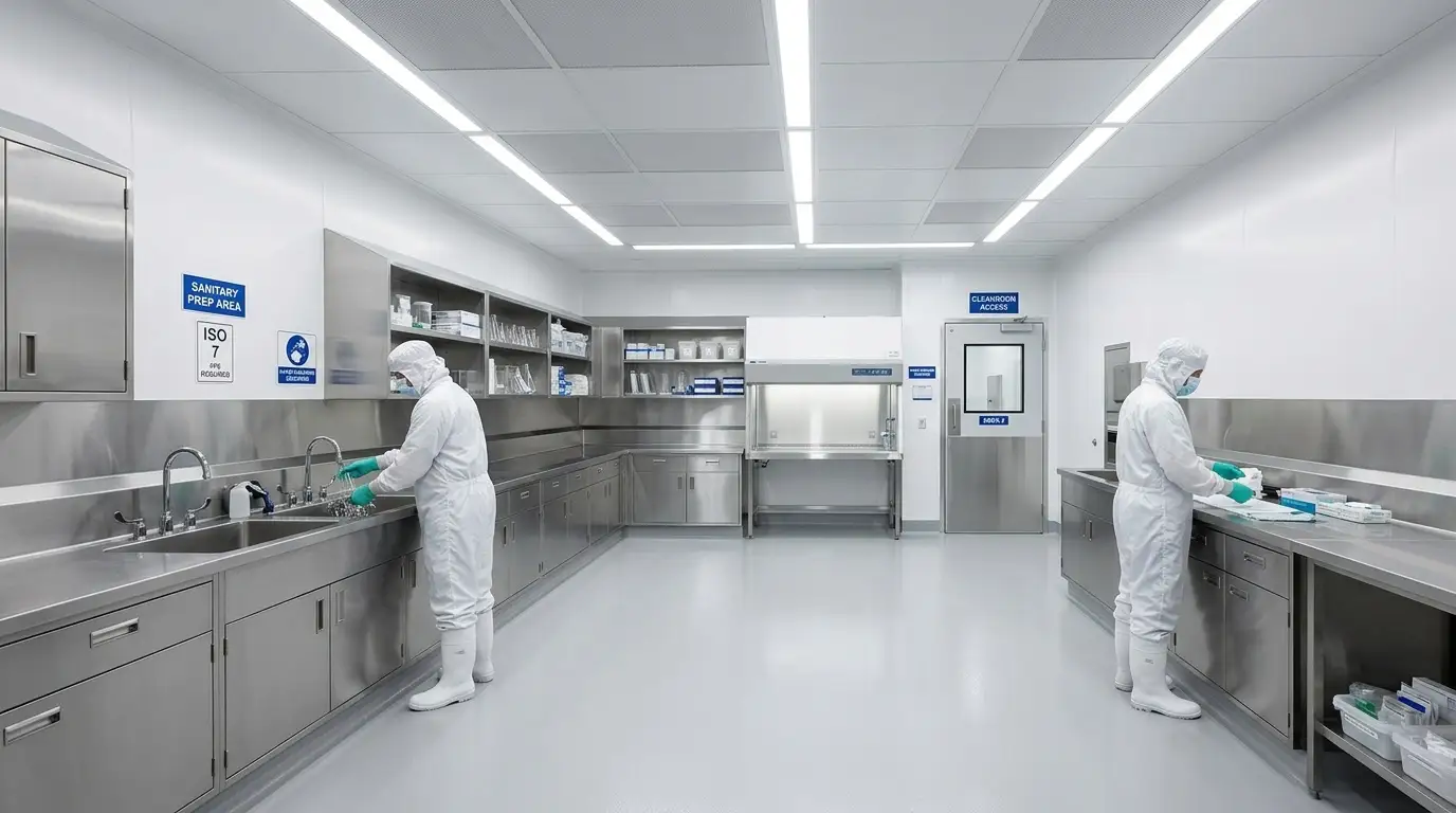 Pharma laboratory with stainless steel benches