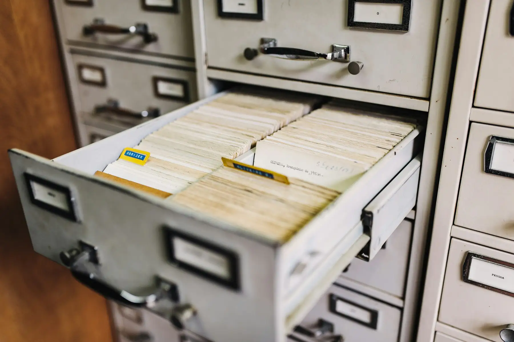 Open drawer of a metal filing cabinet