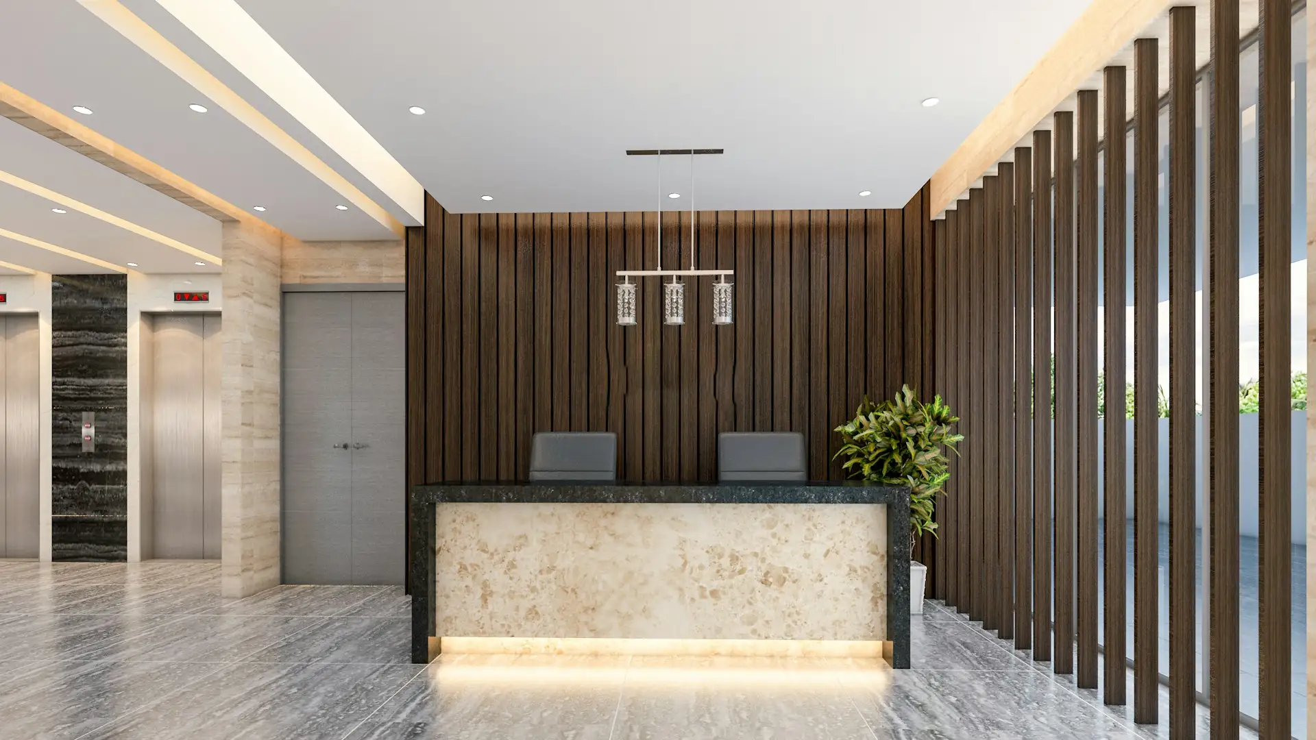 Corporate lobby with reception desk and timber slats