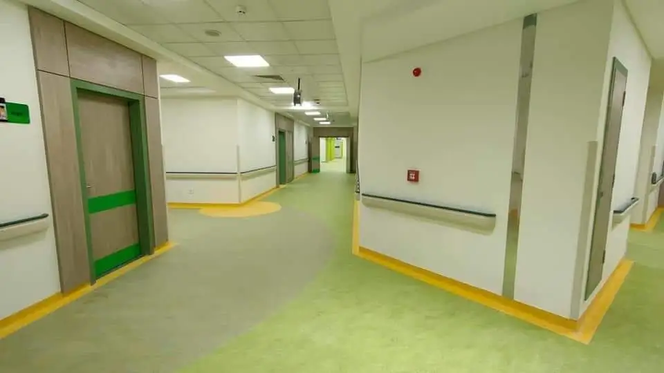 Hospital corridor with seamless vinyl flooring